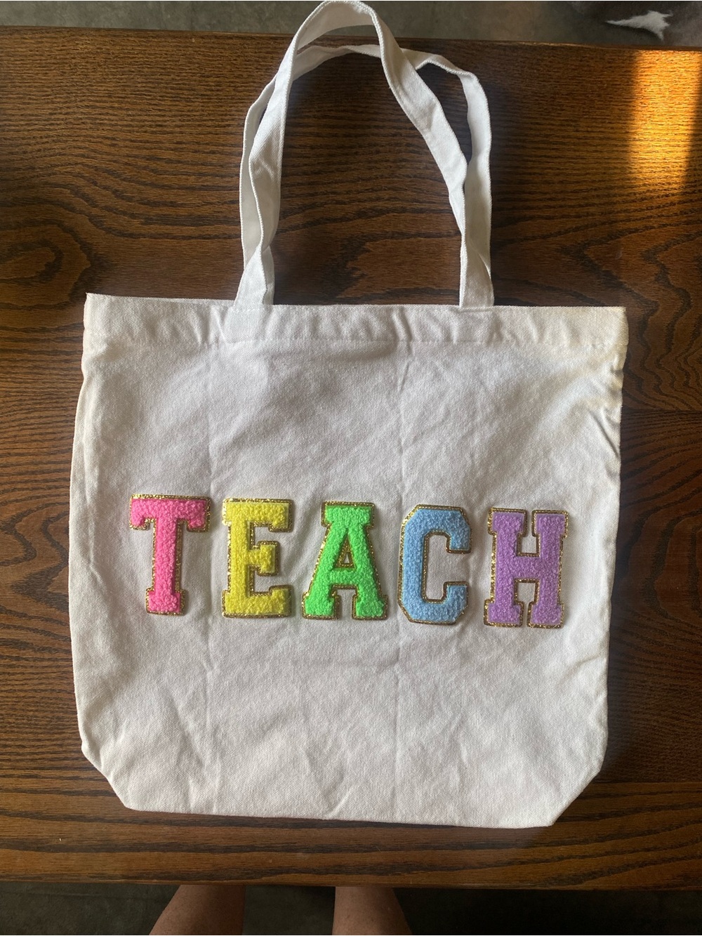 TEACH Canvas Tote Bag in Multi Pastel Letters